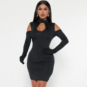 ~Momentous Mastery:Black Mock Neck Cocktail Dress w/Long Length Gloved Sleeves~